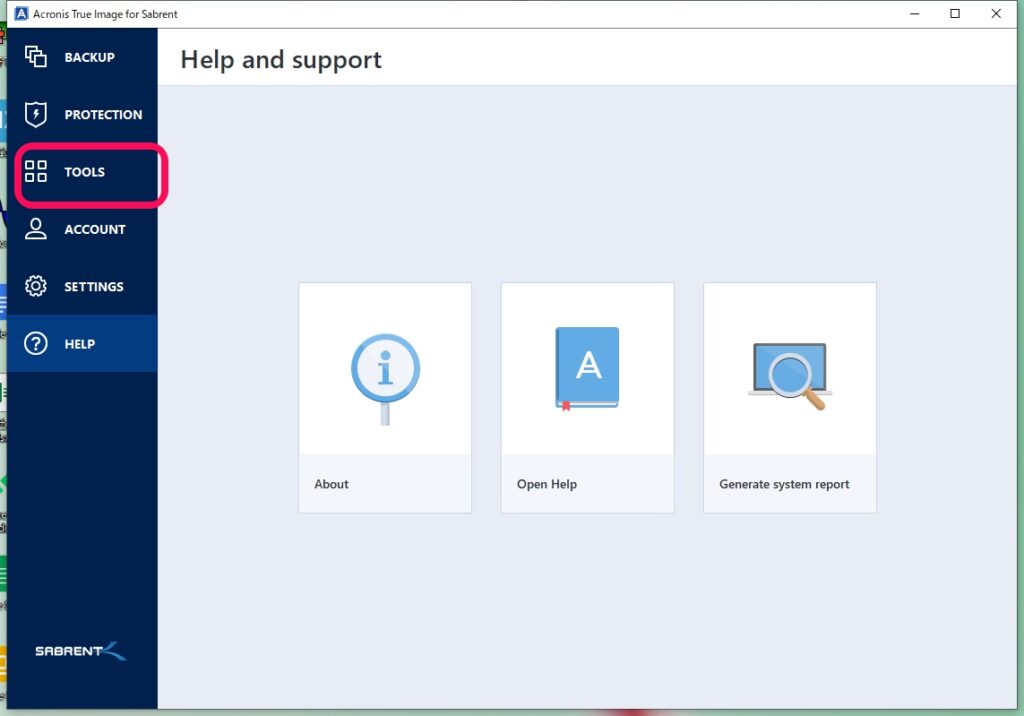 Sabrent Acronis True Image アプリケーションTOP画面